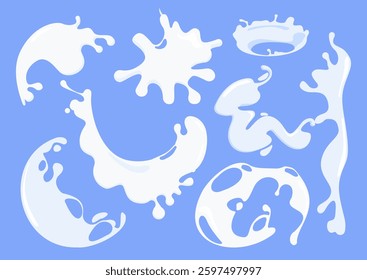 Set of different milk splash and pouring. White spots, drops of various shapes collection. Vector illustration on blue background.