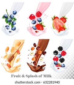 Set of different milk splashes with fruit, nuts and berries. Vector.
