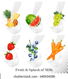 Set of different milk splashes with fruit, nuts and berries. Watermelon, grape, carot, strawberry, blueberry, pineapple. Vector Set.