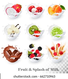 Set of different milk splashes with fruit, nuts and berries. litchi, strawberry, raspberry, blackberry, apricot, blueberry, lime, kiwi, vanilla, dragonfruit. Vector Set.