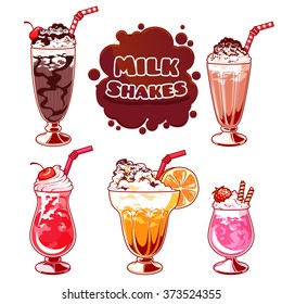 Set of different milkshakes. Chocolate, cherry, strawberry, vanilla and orange milkshakes. Vector cartoon illustration isolated on a white background.