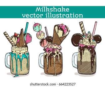 Set of different milkshakes. Chocolate, strawberry, vanilla and candy milkshakes. Vector cartoon illustration