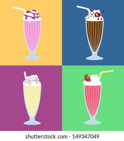 Set of different milkshakes in retro glasses on bright background.