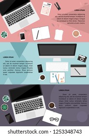 Set of different minimal workspace banners on pastel pink blue and purple background
