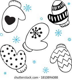 Un conjunto de mitones diferentes. Hola invierno. Los mitones. Dibujo simple. Doodle. Dibujo de mano