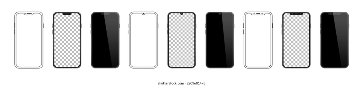 Set of different mobile phone mockup, template, realistic, line icon. Vector editorial illustration. Vinnitsa, Ukraine - September 19, 2022. EPS 10.