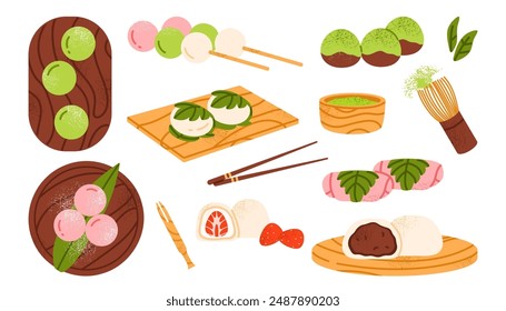 Set of different mochi: sakura, warabi mochi, dango, daifuku. Traditional Japanese sweet dessert. Asian rice cake. Healthy, organic sweets. Isolated vector illustration in cartoon style