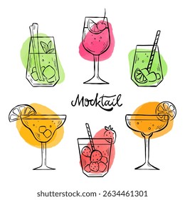 Set of different mocktails in sketch style with watercolor spots on background. Vector line illustrations of party drinks with fruits, straw and ice for logo, menu, advert, or print.