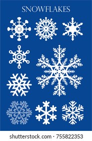 Set of different models of snowflakes on blue background. Vector image