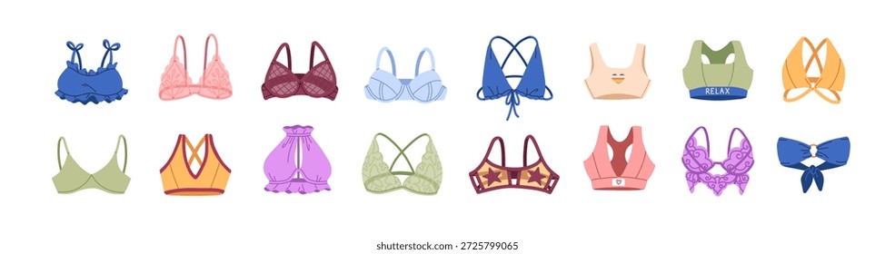 Conjunto de diferentes modelos de sujetadores de mujer. Varios sostenes femeninos: encaje, sexy, deportes y bikini. Lencería de moda, ropa interior con estilo, ropa interior. Ilustraciones vectoriales aisladas planas en blanco