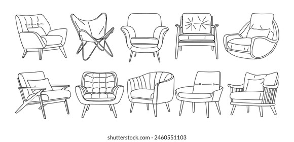 Set of different modern armchairs in trendy scandinavian style. Hand drawn black ink sketch of interior design furniture elements. Monochrome vector illustration isolated on white background. Not AI