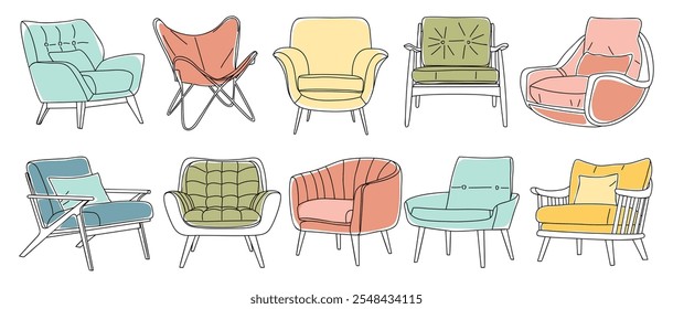 Set of different modern armchairs in trendy scandinavian style. Hand drawn outline sketch of interior design furniture elements. Colored vector illustrations isolated on white background.
