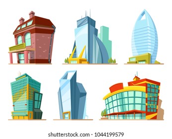 Set of different modern buildings in cartoon style. Building modern city, town exterior architecture, facade of urban house. Vector illustration