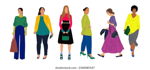 Conjunto de mujeres de negocios modernas. Ilustración vectorial realista de las diversas niñas de caricaturas multirraciales en elegantes vestimentas casuales de oficina de pie, caminando, adelante, atrás. Aislado sobre fondo blanco