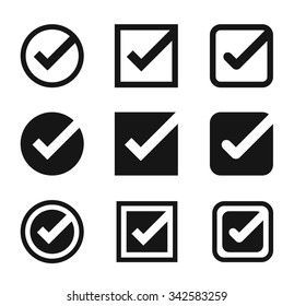 Un conjunto de diferentes botones modernos de marca de verificación para web o aplicación. Iconos vectoriales.