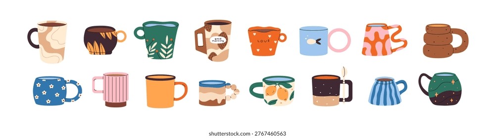 Set of different modern cups. Ceramic mugs with various designs of prints and patterns. Cute pottery teacups for drinking coffee and tea. Flat isolated vector illustrations on white background