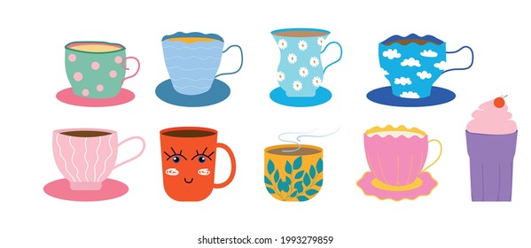 Set of different modern decorated cups vector flat illustration. Different ornaments.Isolated on a white  background.