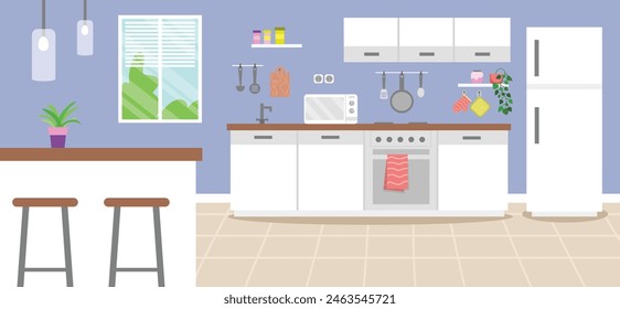 Set of different modern kitchen interiors vector flat cartoon illustration. Kitchen with furniture. Flat style vector illustration.