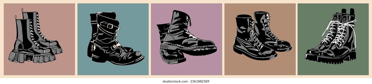 Set von verschiedenen modernen Lederstiefeldern. Schwarze rosa einfarbige Grafik von Vintage, Armee, Wandern, Knöchelstiefel. handgezeichnete Vektorgrafik mit Gravur einzeln auf buntem Vintage-Hintergrund
