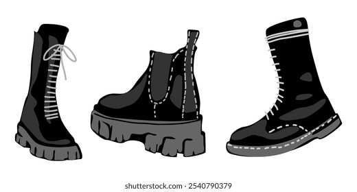 Conjunto de diferentes botas de couro modernas. Tinta preta gráfico monocromático de vintage, exército, caminhadas, botas de tornozelo. Desenhado à mão desenho de estilo gravado. Ilustração vetorial isolada em fundos brancos.