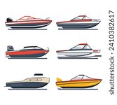 Set of different modern motorboats. Collection of stylish speedboats vector illustration.
