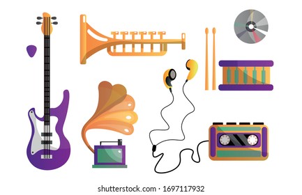 Set of different modern musical instruments and tools for playing and listening to music. Vector illustration in flat cartoon style.