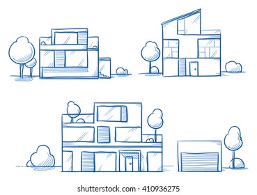 Set of different modern noble designer houses, detached, single family houses with gardens and garage. Hand drawn cartoon vector illustration.