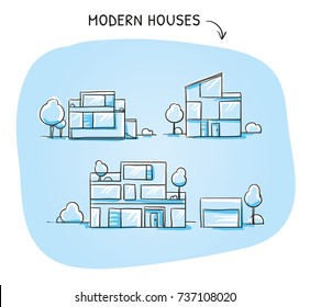 Set of different modern noble designer houses, detached, single family houses with gardens and garage on blue background. Hand drawn cartoon sketch vector illustration, marker style coloring. 