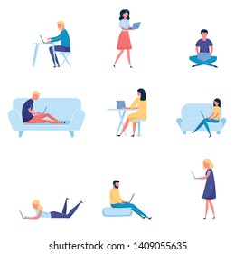 Set of different modern people working at laptop, computer