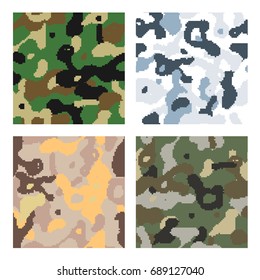 Set of different modern pixelated camouflage seamless patterns to disguise in forest, snow, desert and jungle isolated on white