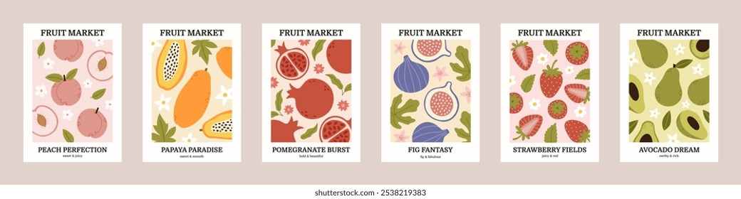 Conjunto de diferentes carteles modernos con frutas tropicales. Melocotón, higo, aguacate, fresa, papaya, granada. Arte de impresión interior de Antiguas. Ilustración vectorial dibujada a mano ingenua