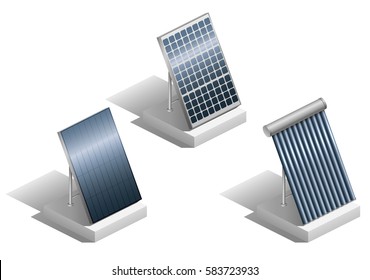 Set of different modern solar panels for buildings in vector graphics. Isometrics for schemes equipment