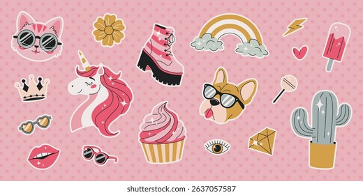 Set of different modern stickers for scrapbooking, collages, girly prints, diary and planners designs. Isolated elements and symbols on pink background. Unicorn, cat, cactus, rainbow, crown, diamond.