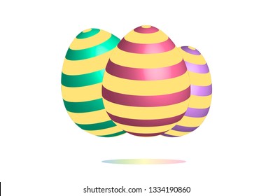 Set of different modern trendy striped 3D easter eggs with bright creative colors decor. White background. Editable vector EPS 10 illustration.  
