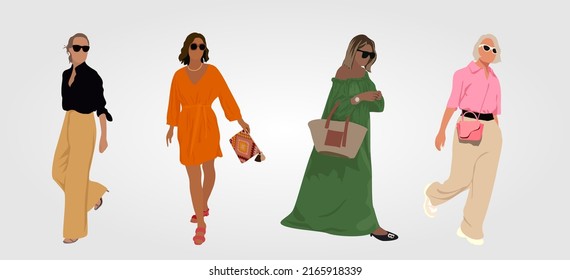 Set of different modern women characters wearing fashionable summer outfit. Street fashion concept. Cartoon style fashion vector art illustration isolated on white background.