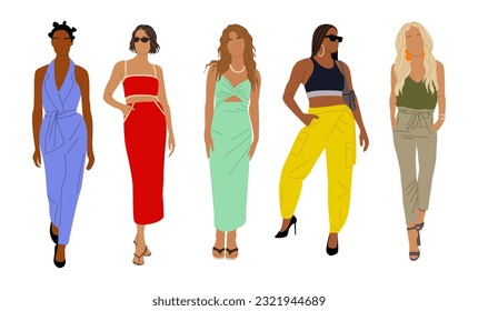 Conjunto de diferentes mujeres modernas. Ilustración vectorial realista de las diversas caricaturas multirraciales en ropa informal de moda de calle de verano. Aislado sobre fondo blanco.