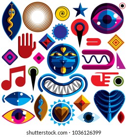 Set of different modernistic vector symbols can be used in corporate and web design. Conceptual icons collection created in nature and music theme, body and face parts. 