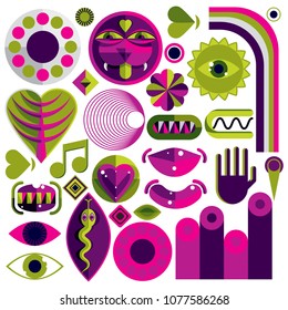 Set of different modernistic vector symbols can be used in corporate and web design. Conceptual icons collection created in nature and music theme, body and face parts. 