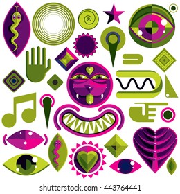Set of different modernistic vector symbols can be used in corporate and web design. Conceptual icons collection created in nature and music theme, body and face parts. 