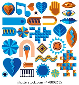 Set of different modernistic vector symbols can be used in corporate and web design. Conceptual icons collection created in nature and music theme, body and face parts. 
