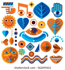 Set of different modernistic vector symbols can be used in corporate and web design. Conceptual icons collection created in nature and music theme, body and face parts. 