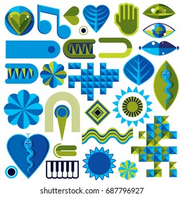 Set of different modernistic vector symbols can be used in corporate and web design. Conceptual icons collection created in nature and music theme, body and face parts. 