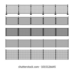 Set of different modular metal fence silhouettes. Horizontally seamless metal fence elements. Black silhouettes of metal wire, mesh, chain-link, portable fencing. Vector brushes included.