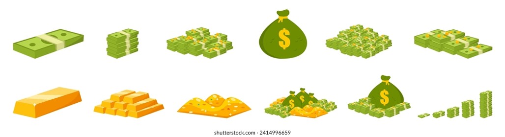 Set of different money, gold and jewelry. Much money. Wealth. Vector