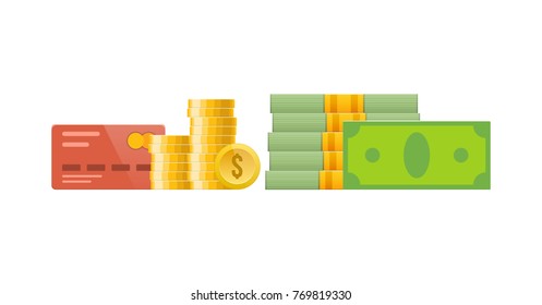 Set of different money, payment methods. Realistic gold coins, credit, debit cards, cash bills. Financial banknotes in the package. Concept of business, payment, money turnover. Vector illustration.