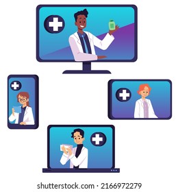 Set of different monitors with apothecaries flat style, vector illustration isolated on white background. Online pharmacy concept. Men and women characters with prescriptions and medicines