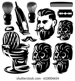 Set of different monochrome design elements for a barber shop. Vector illustration