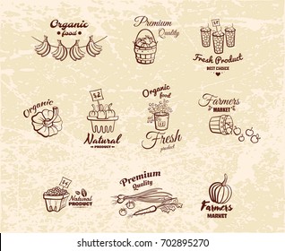 Set of different monochrome emblems of organic natural fresh products. Design for packaging or tags. Vector illustration