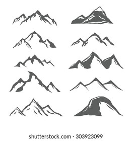 Set of different monochrome mountains, mountain icons, labels, badges, design elements. Vector