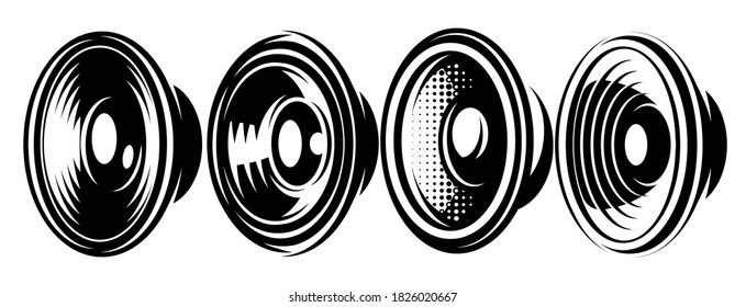 A set of different monochrome speakers. Vector illustration. Elements for design.